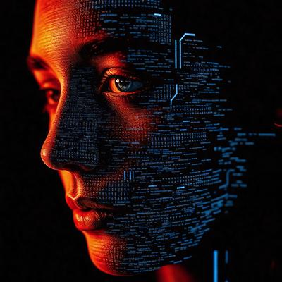The primary subject of the image is a close-up of a woman's face, with her eyes open and staring directly at the camera. The setting is a dark room, and the visual style appears to be a digital art or illustration. The colors in the image are predominantly red and blue, creating a bold and striking atmosphere.